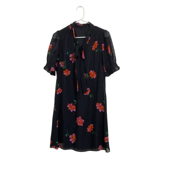 Dkny Dresses & Skirts - DKNY Navy Blue Floral Dress Chiffon Tie Neck 6 Small Swiss Dot Gathered Sleeves